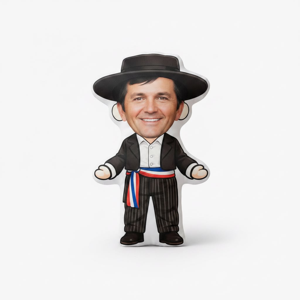Cojín personalizado huaso chileno con rostro y silueta troquelada